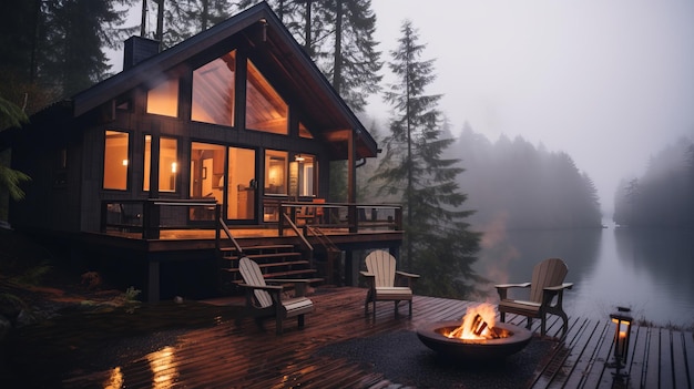 Tranquilidad mística que revela el encanto encantador de una cabaña junto al lago cubierta con Fireside Ser