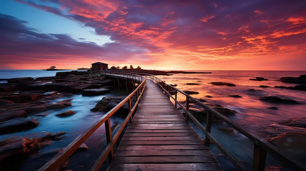 La tranquilidad del muelle Los cielos coloridos abrazan la puesta y el amanecer