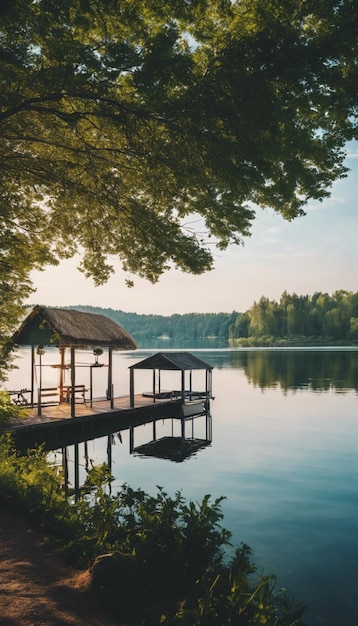 Foto la tranquilidad de la orilla del lago, la escapada, la serenidad en nuestra aislada cabaña de verano.