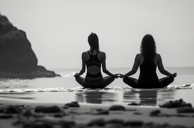 Tranquilidad a la orilla del mar Poses duales de yoga en Dawn Yoga Socios en la playa