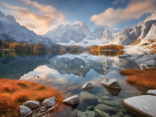 Tranquilidad de otoño Lago Vorderer Gosausee con el glaciar Dachstein