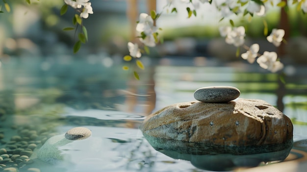 la tranquilidad de un paisaje de spa vacío donde una exhibición de productos descansa elegantemente en una mezcla de rocas