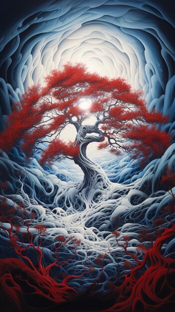 Tranquilidad sombreada Una imagen cautivadora de un jardín de árboles rojo oscuro Nube roja y quietud iluminada por la luna