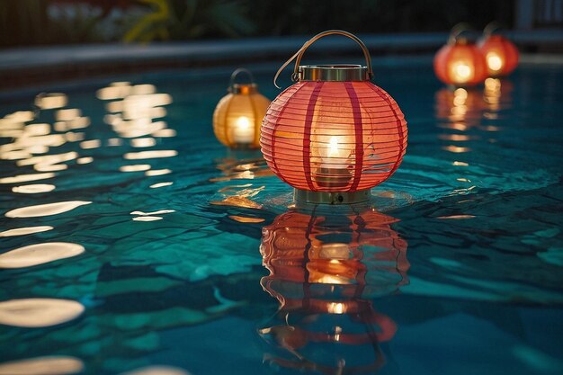 Foto tranquilidade à beira da piscina com lanternas a flutuar preguiçosamente