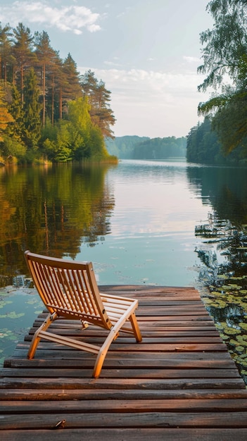 Tranquilidade à beira do lago Cais de madeira com espreguiçadeira em meio à floresta Vertical Mobile Wallpaper