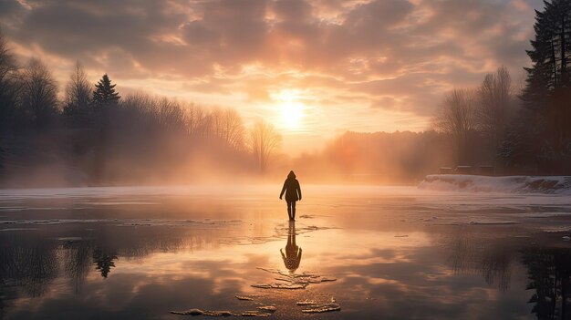 Foto tranquilidade beleza nascer do sol serenidade patinação no gelo ao ar livre manhã tranquilidade inverno maravilha terra de água congelada atividade pacífica gerada por ia