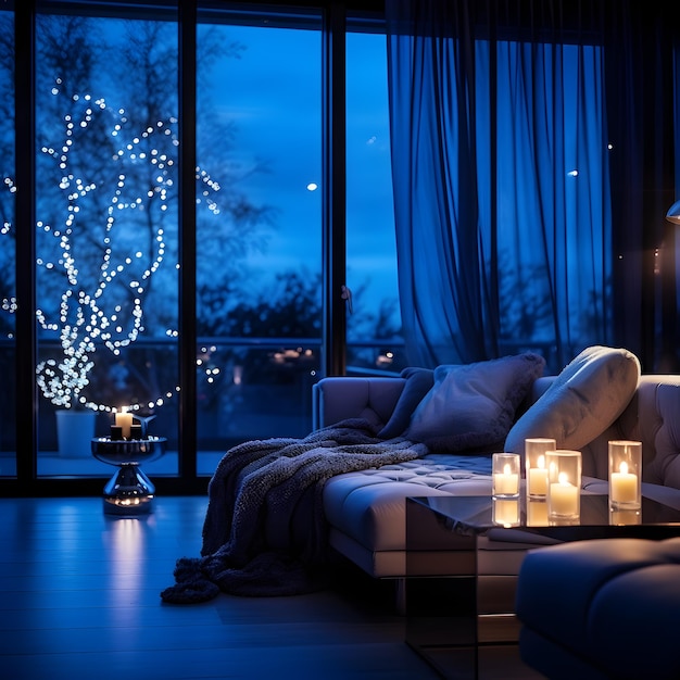 Tranquilidade da sala onde a luz azul e as velas convergem