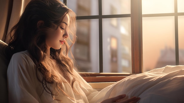 Tranquilidade e contentamento Mulher enrolada com um livro junto à janela à luz do sol