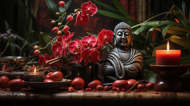 Foto tranquilidade e paz bambu verde e vermelho com orquídeas vermelhas