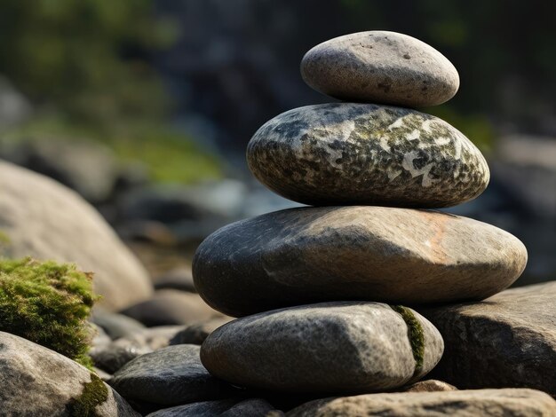 Tranquilidade meditativa Equilíbrio de rocha na natureza Criando pilhas de Zen para meditação serena