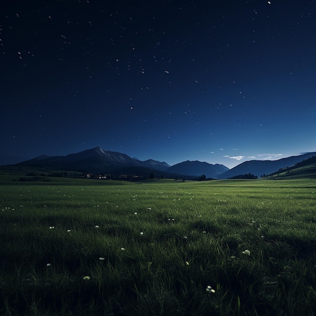 Tranquilidade Noturna Um prado minimalista sob o céu noturno