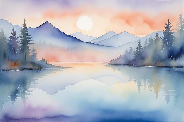 Foto tranquilo amanecer en el lago acuarela en lavanda melocotón sereno azul del cielo tonos