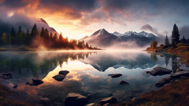 Foto y el tranquilo amanecer de moody sobre un lago de montaña en resolución de 8k