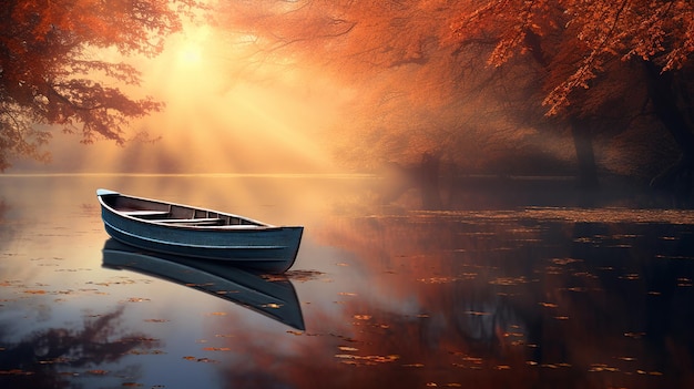 Tranquilo amanecer de otoño con un pequeño barco en el lago