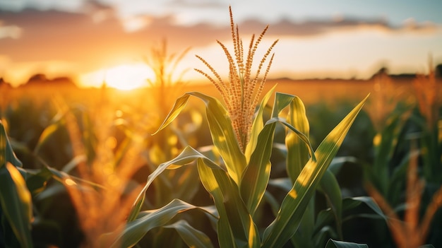 Tranquilo amanecer sobre el campo de maíz de Illinois con hojas cubiertas de rocío y llamaradas solares