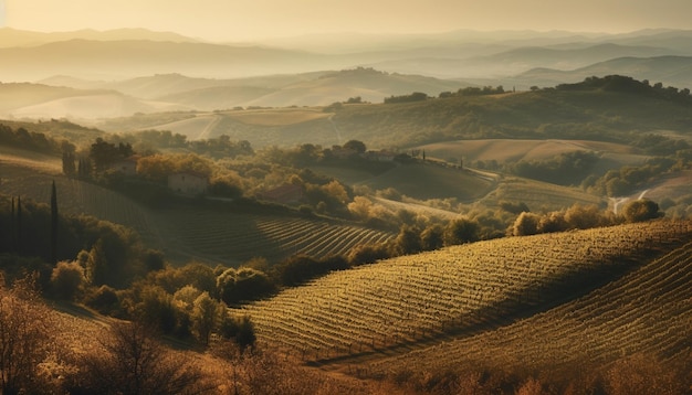 Tranquilo amanecer sobre un idílico paisaje de viñedos italianos generado por IA