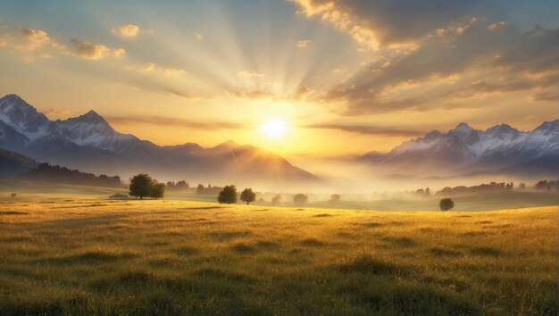 Foto el tranquilo amanecer sobre el prado brumoso y el paisaje montañoso