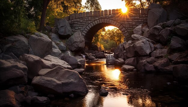 Foto el tranquilo anochecer del antiguo puente de piedra refleja la belleza del otoño en la naturaleza generada por la ia