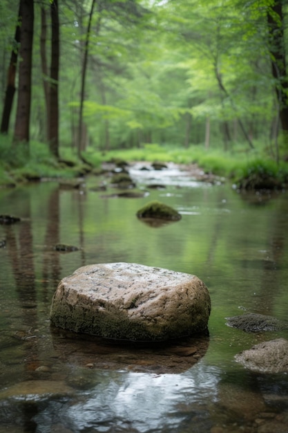 Foto un tranquilo arroyo forestal minimalista con una sola roca lisa en el agua