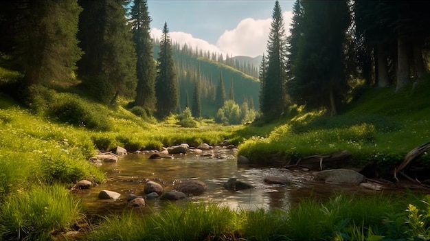 Un tranquilo arroyo del manantial de Latorita serpentea a través de un denso bosque de abetos y una exuberante pradera alpina Monte Capatanii en los Cárpatos rumanos IA generativa