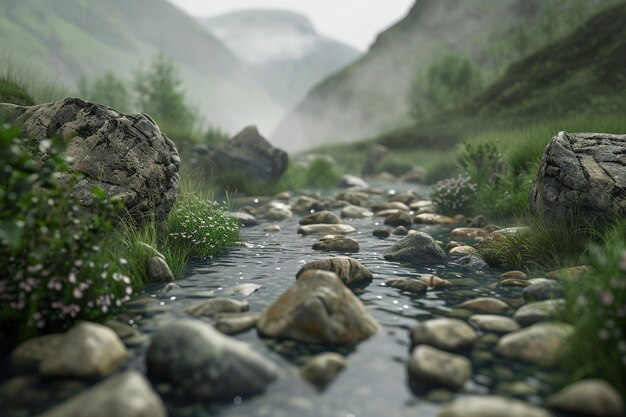 Un tranquilo arroyo de montaña bordeado de rocas