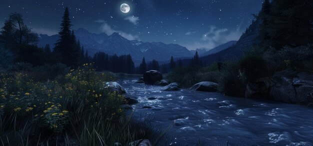 Un tranquilo arroyo de montaña que brilla bajo la luz de la luna proporciona el telón de fondo perfecto para un