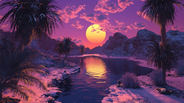 El tranquilo atardecer sobre el nevado paisaje de palmeras del oasis