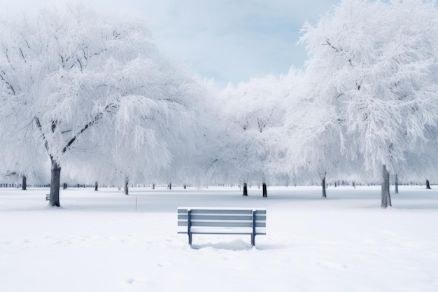 Un tranquilo banco de parque inmerso en una manta de nieve que invita a la contemplación en medio del sereno paisaje invernal