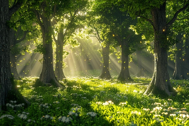 Un tranquilo bosque bañado por la luz del sol