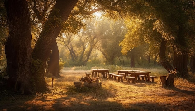 Tranquilo bosque otoñal prado iluminado por el sol antiguo banco generado por IA