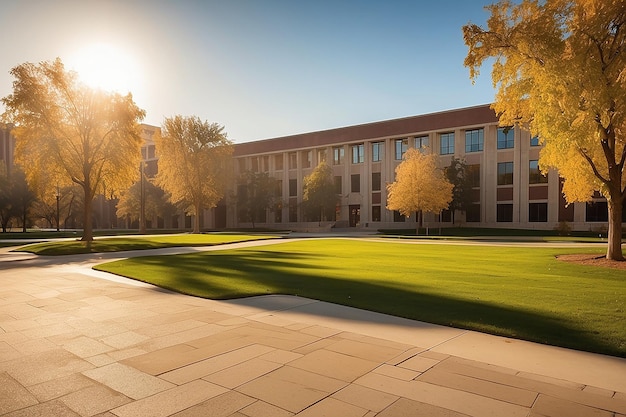 Foto este tranquilo campus universitario es la iluminación de la hora dorada proyectando largas sombras y deliciosa iluminación de estudio experta