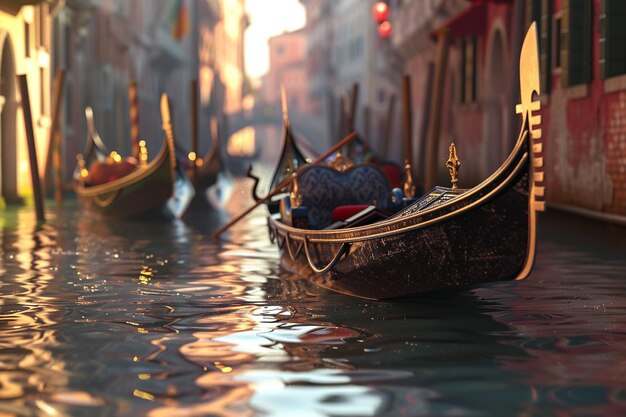 Tranquilo canal en Venecia con góndolas a la deriva