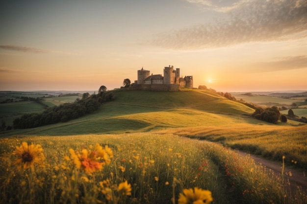 Un tranquilo castillo de campo con colinas onduladas y campos de flores silvestres