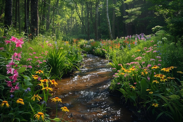 El tranquilo desfiladero del bosque con el arroyo burbujeante