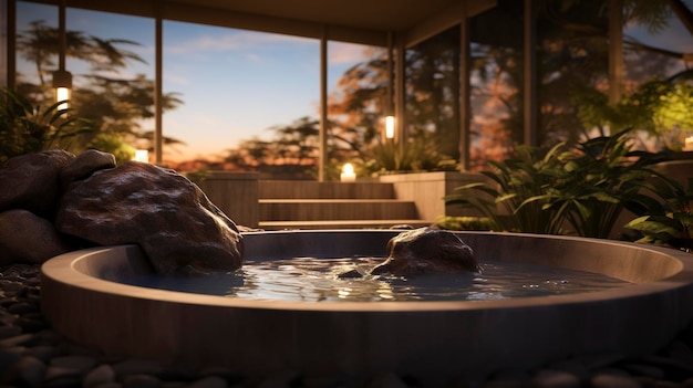 Tranquilo entorno de spa al aire libre con una bañera de hidromasaje rodeado de naturaleza y velas al anochecer