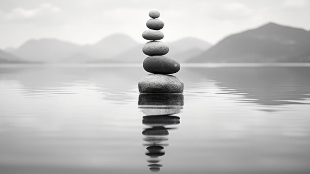 Tranquilo equilibrio piedras en armonía negro y blanco en el agua