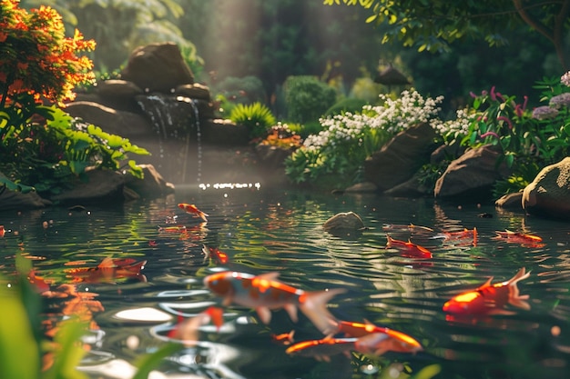 Tranquilo estanque de jardín con coloridos peces koi octano