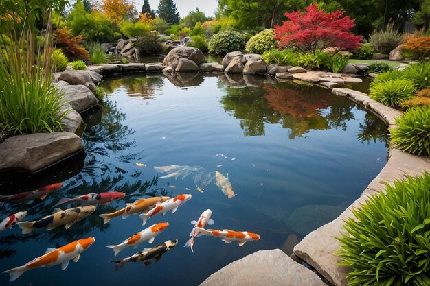 Foto un tranquilo estanque de jardín con peces koi