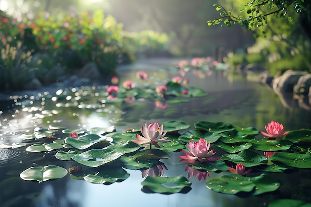 Tranquilo estanque de loto en un jardín pacífico