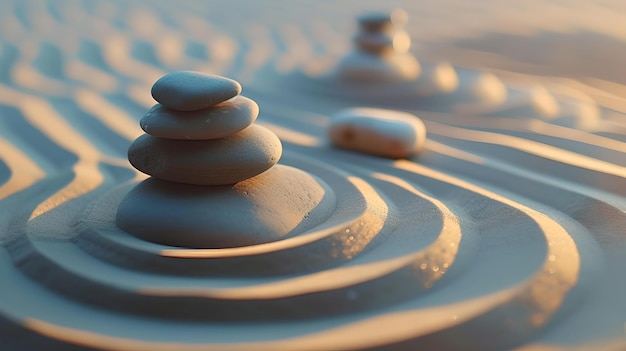 Tranquilo jardim zen pedras na areia padronizada ao nascer do sol um símbolo de equilíbrio e harmonia perfeito para bem-estar e temas de meditação AI