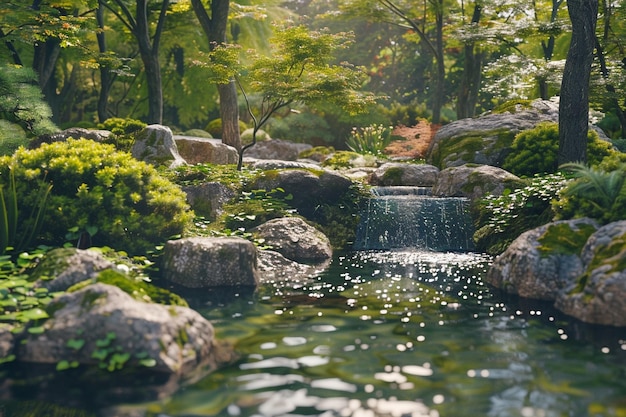 Un tranquilo jardín japonés con un arroyo que gotea