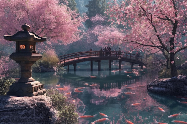 Tranquilo jardín japonés con estanque Koi y puente resplandeciente