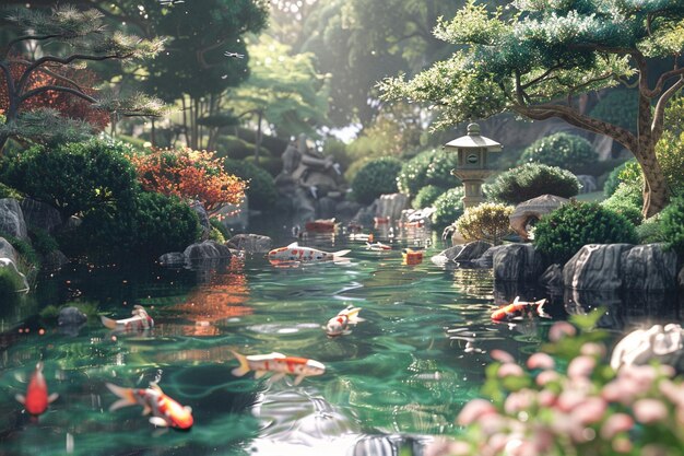 Un tranquilo jardín japonés con estanques de koi