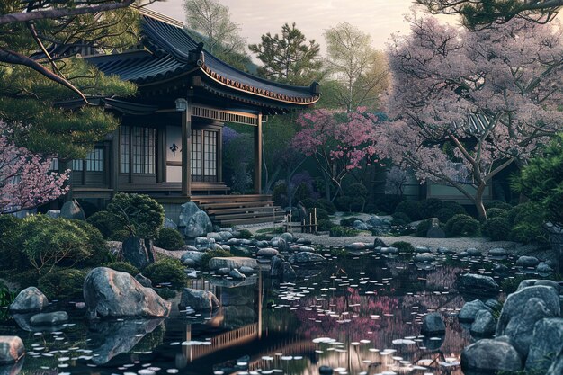 Un tranquilo jardín de té japonés con flores de cerezo