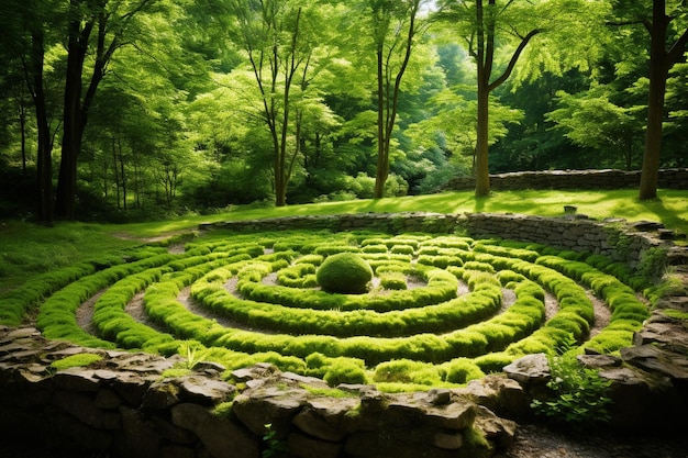 Un tranquilo jardín verde con un mirador y vides trepadoras