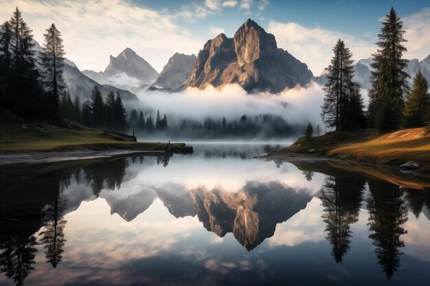 Tranquilo lago de montaña al amanecer rodeado de altos picos y reflejos reflejados del paisaje AI generativa