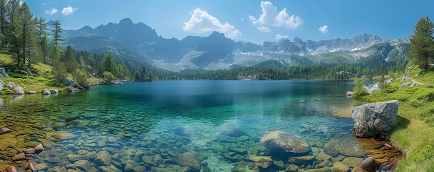 Un tranquilo lago de montaña con un fondo cristalino