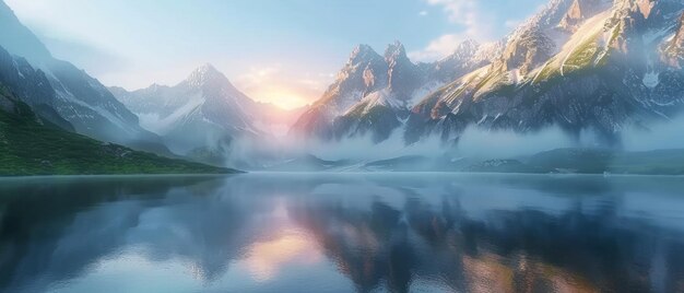 Tranquilo lago de montaña con niebla matutina y amanecer