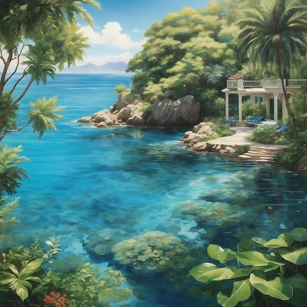 Un tranquilo oasis de agua azul brillante rodeado de exuberante vegetación Ai Generado