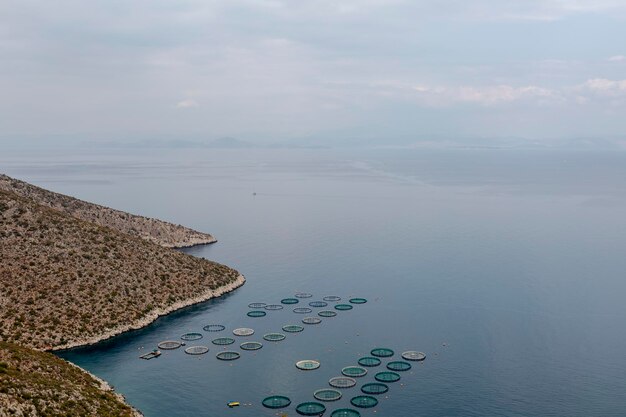 Foto un tranquilo paisaje costero con una granja de mariscos en una tranquila bahía